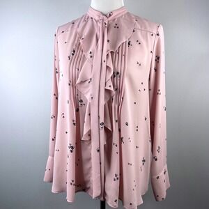 Ann Taylor Petite Pink Floral Tie Neck Ruffle Blouse LP Pintuck Long Sleeve Top